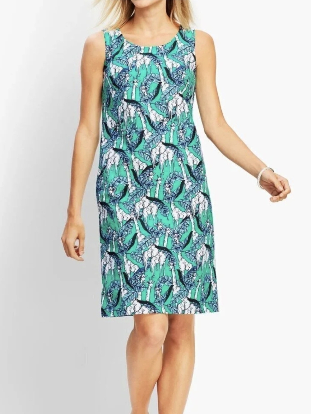 Talbots Teal & Navy Tropical Leaf Giraffe Sheath Dress 14P Spring!!!